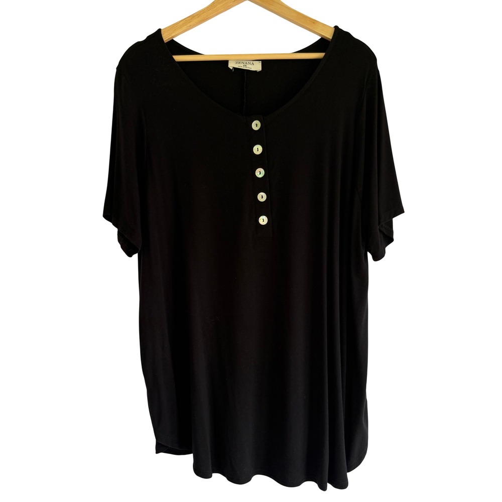 Zenana Womens Black Short Sleeve Henley Button Top 2X AT-8091XBA